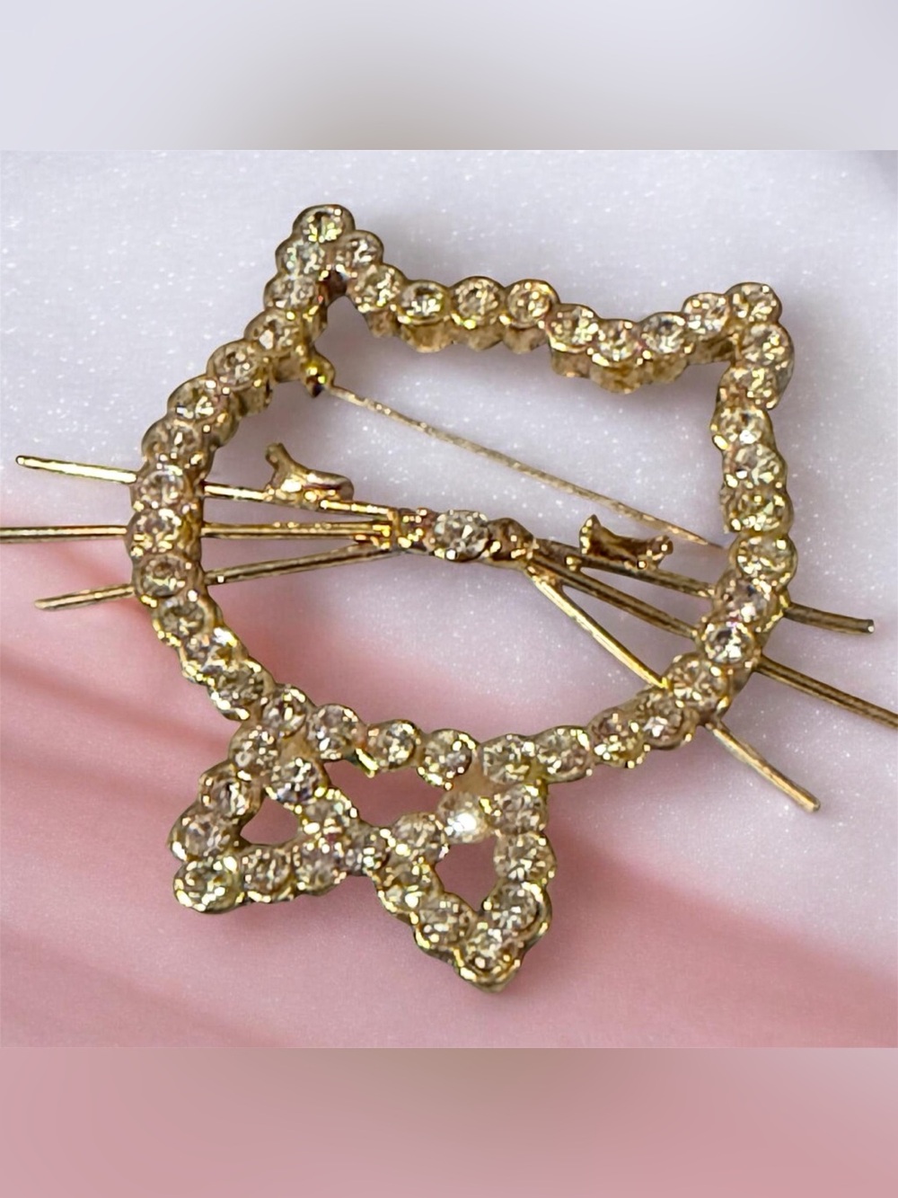Gold Crystal Cat Bow Brooch Pin